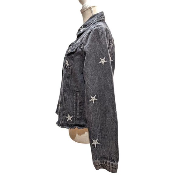 Honey Punch Women's Charcoal Star Patterned Denim Jacket Raw Hem Size S - Picture 4 of 6